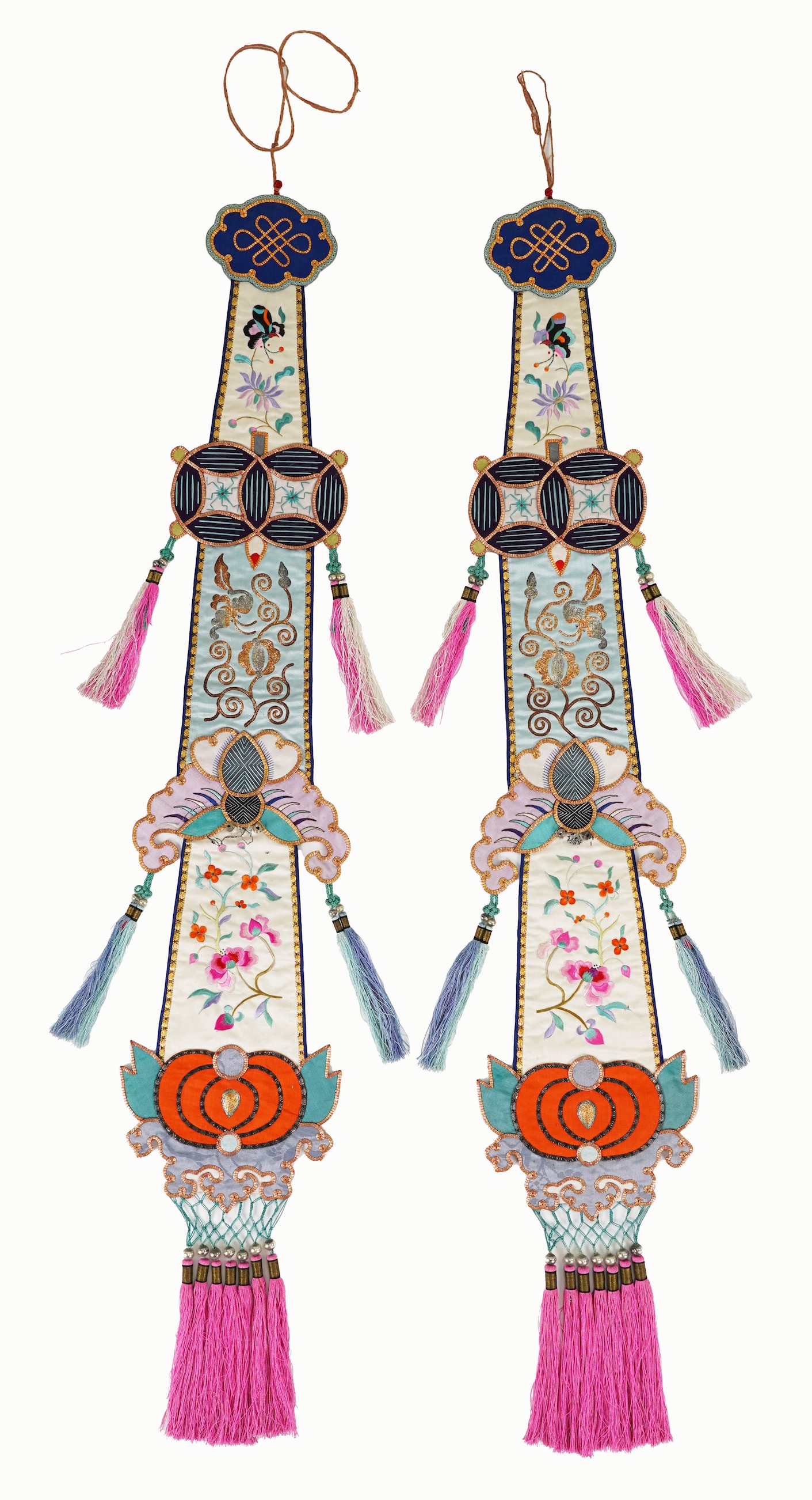 A pair of Chinese embroidered silk hanging pendants, early 20th century